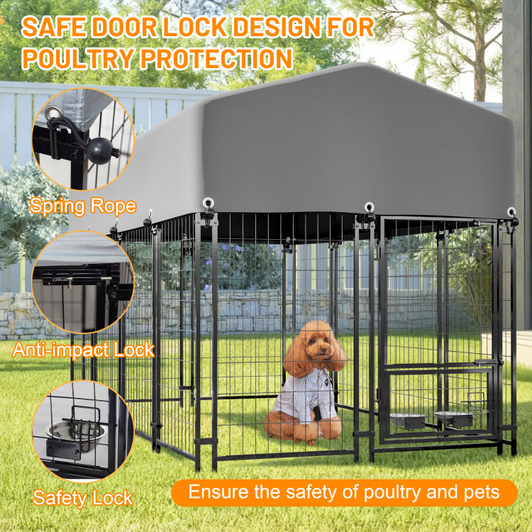 Dog Kennel Outdoor With Roof, 4.23'X7.81'X4.83' Welded Wire Enclosure, Heavy Duty Dog Crate With Uv Resistant Waterproof Cover, Double Lock & Rotating Feeder For Medium Large Dogs