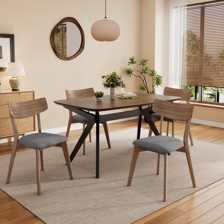 5 Pieces Upholstered Dining Set With Rubberwood Frame, Grey Walnut Black