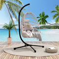 Foldable Hanging Egg Chair With Stand And Pillow, Hdpe Rattan And Heavy Duty Aluminum Steel Frame, Outdoor Patio Wicker Swing Egg Chair With Headrest And Cushioned, Beige