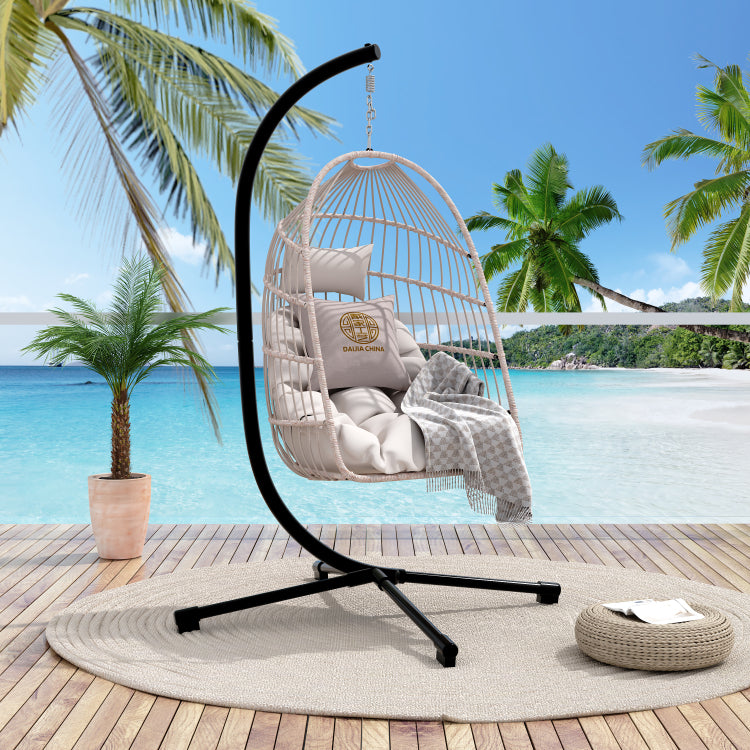 Foldable Hanging Egg Chair With Stand And Pillow, Hdpe Rattan And Heavy Duty Aluminum Steel Frame, Outdoor Patio Wicker Swing Egg Chair With Headrest And Cushioned, Beige