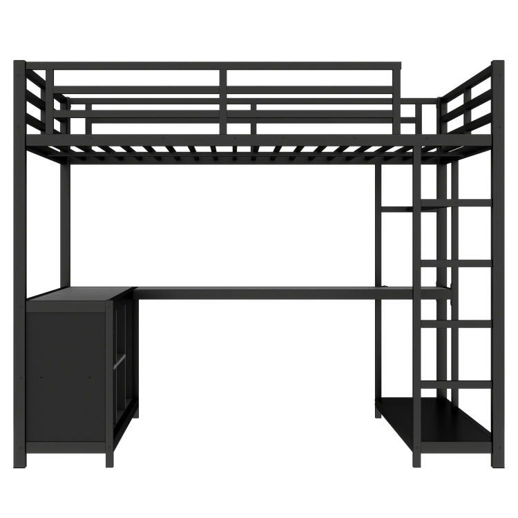 Metal Loft Bed With Wardrobe And L Shaped Desk, Full Size Loft Bed With Storage Cubes And Shelves, Loft Bed For Kids Teens Adults, Black