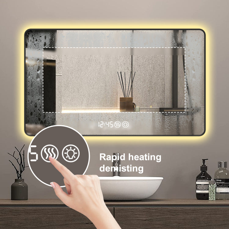 48X32 Black Frame Wall Mirror With Rounded Corners Vanity Mirror, Temperature Display, Tri Color Light, Defogging, High Quality Aluminum Alloy Frame, High Definition Tempered Glass