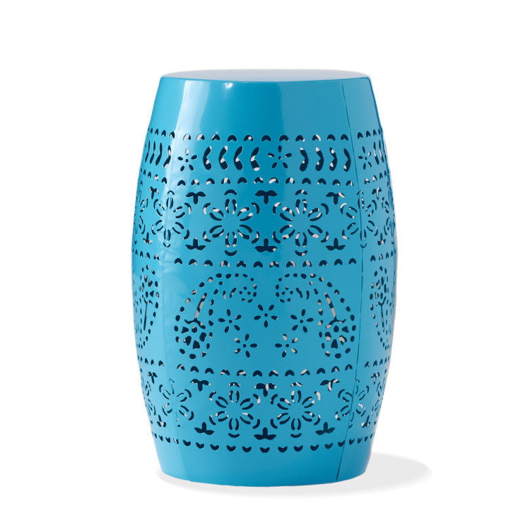 Ruby Side Table, Lace Cut Metal End Table For Outdoor & Indoor Use, Barrel Shape Accent Table With No Assembly Needed For Garden, Patio, Living Room, Backyard Decor,Blue Color