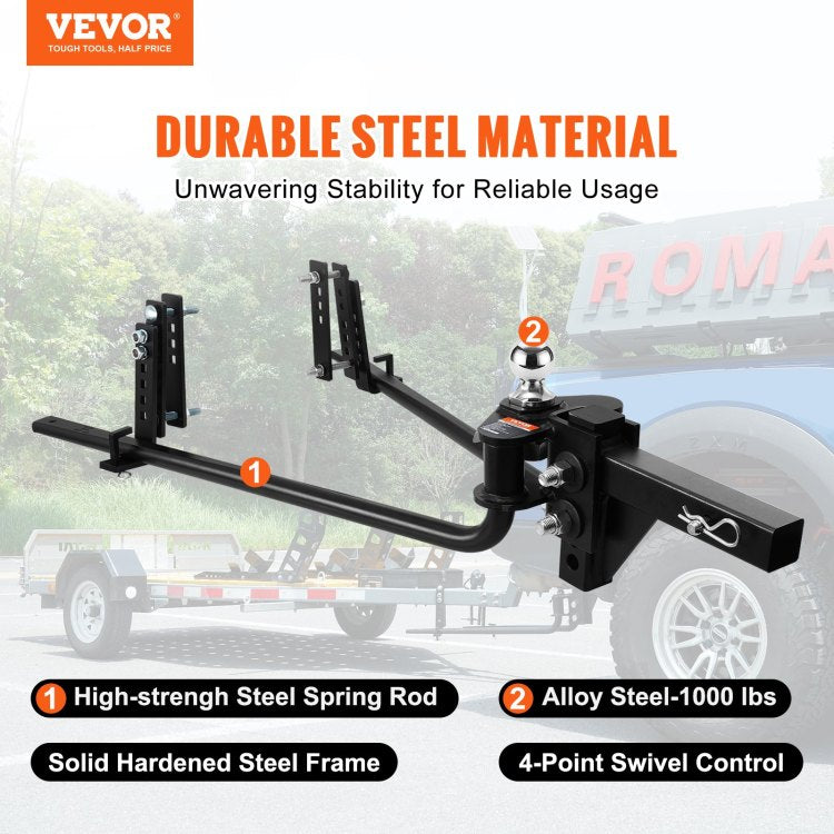 Weight Distribution Hitch, 1,000 Lbs Weight Distributing Hitches Kit With Sway Control For Trailer, 2 In Solid Steel Shank, 2 5 16 In Alloy Steel Ball, Powder Coated Load Leveling Hitch, Black