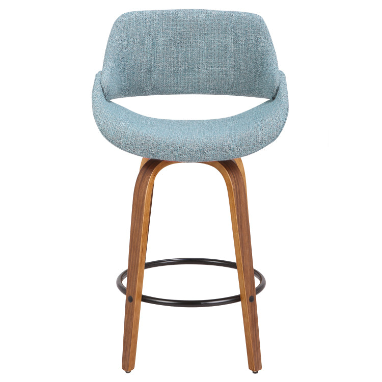 Mid Century Modern Counter Stool In Walnut And Blue Noise Fabric