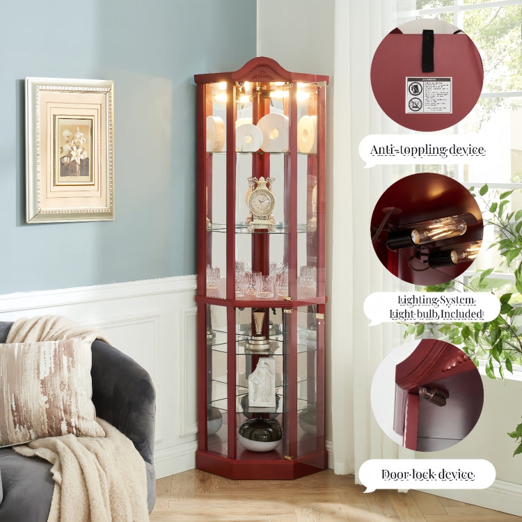 Glass Cabinet Lighted Corner Cabinet Corner Display Curio Cabinet, Glass Display With Light Included Bar Cabinet,Wine Cabinet With Adjustable Glass Shelves Carved Decoration Cherry Light Included