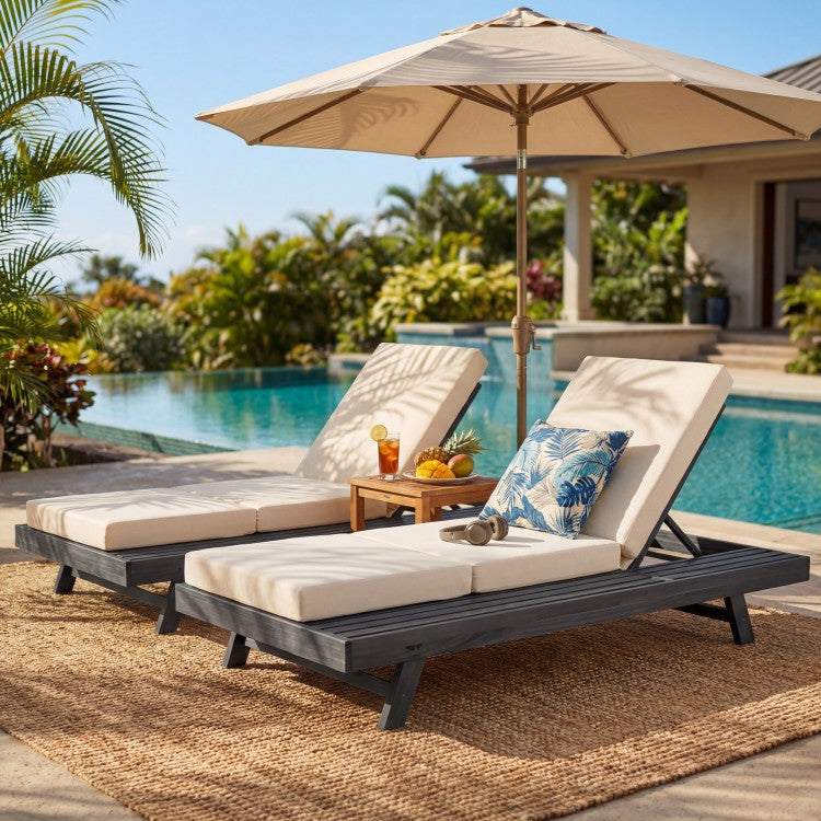 Lounge Chaise Set, Space Available On One Side, Acacia Solid Wood In Black With Lounge Cushion Cream & Triple Fold Matching Dark Grey Version Available