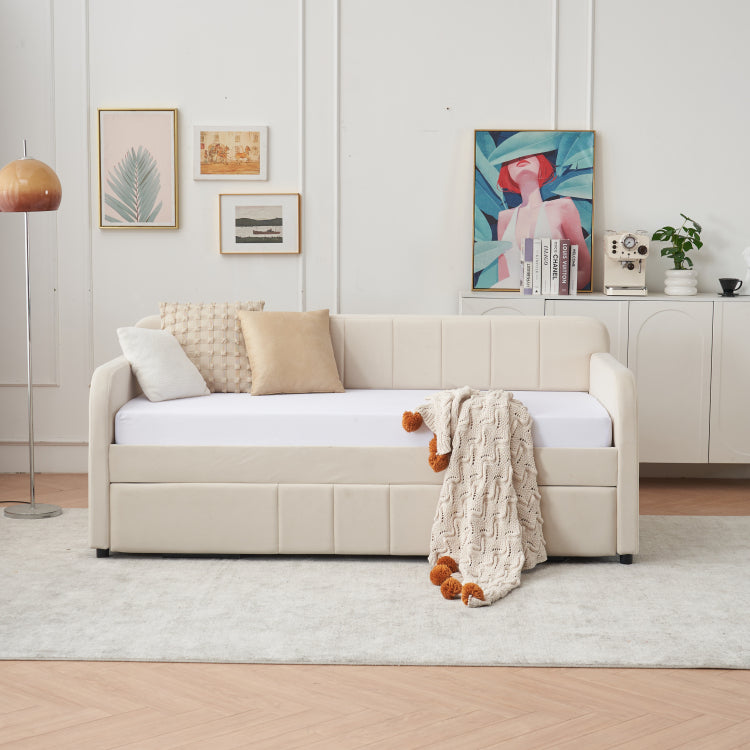 Twin Upholstered Daybed Frame With Trundle, Twin Size Sofa Bed For Bedroom Living Room Guest Room, Wood Slat Support, Beige