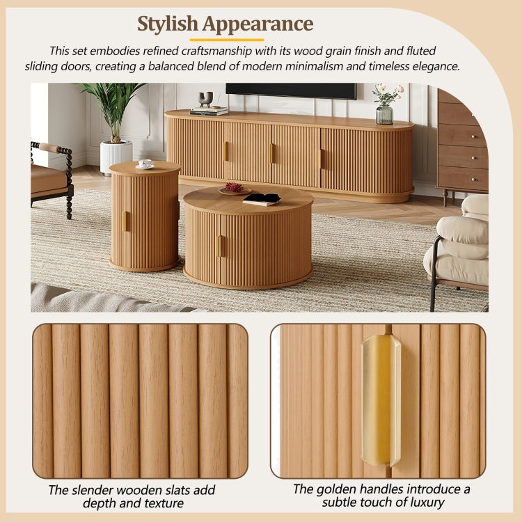 Assembly Video Wooden Tv Stand & Coffee Table Set With Fluted Sliding Door For Tvs Up To 75", Golden Handles Media Console With Cable Hole, Farmhouse Round Center Table For Living Room, Natural