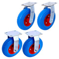 4Pcs 8In Caster Flat Free 2Pcs Swivel 2Pcs Rigid , Caster Wheel, Swivel Plate, Steel Hub With Ball Bearings, 5 8 Inch Bore Centered Axle Blue