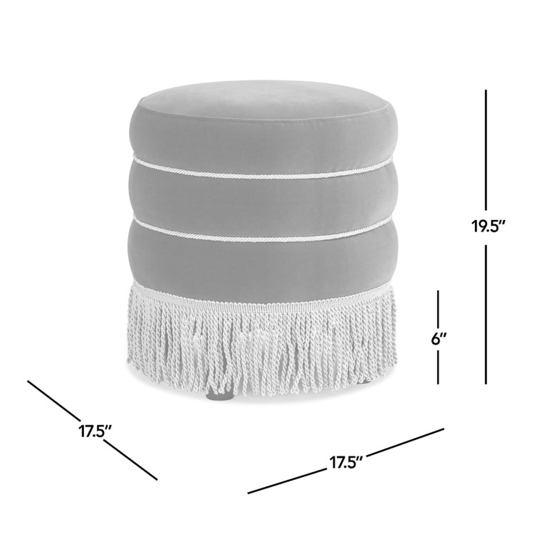 Edward 17.5" Round Upholstered Ottoman With Bullion Fringe, Olive Green Performance Velvet