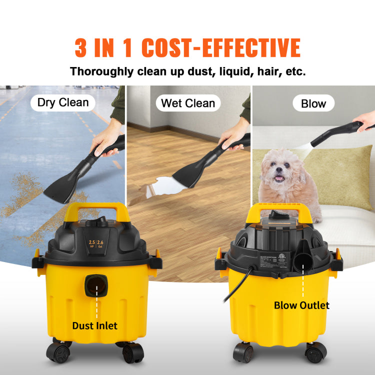 Wet Dry Vac, 2.6 Gallon, 2.5 Peak Hp, 3 In 1 Shop Vacuum With Blowing Function, Portable With Attachments To Clean Floor, Upholstery, Gap, Car, Etl Listed, Yellow