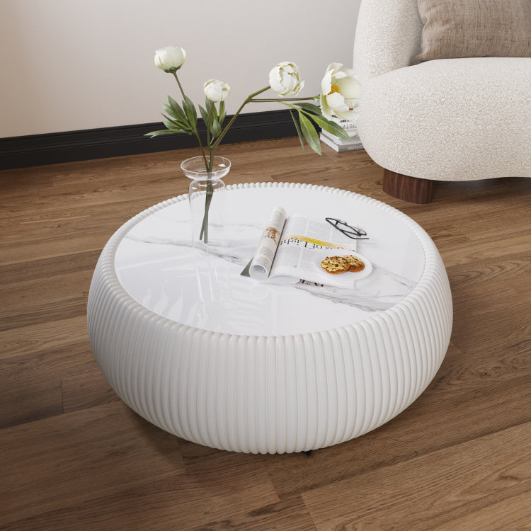 Light Sintered Stone Top Drum Shape Leather Coffee Modern Sofa Table For Living Room Furniture Each Tabletop Has A Unique Grey Pattern