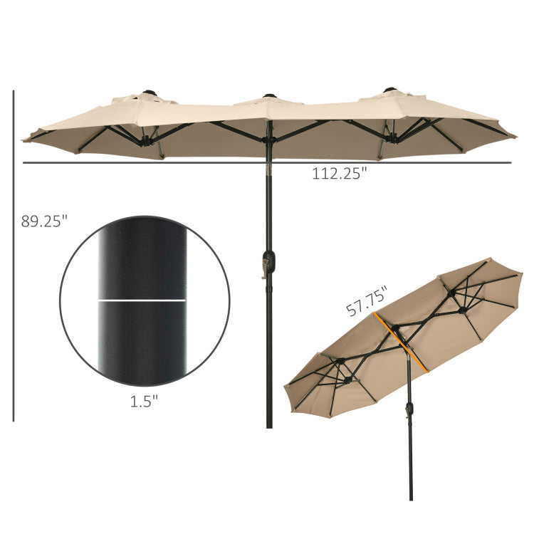 Outsunny Double Sided Patio Umbrella 9.5' Large Outdoor Market Umbrella With Push Button Tilt And Crank, 3 Air Vents And 12 Ribs, For Garden, Deck, Pool, Brown