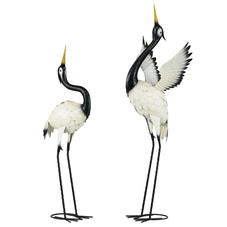 Outsunny Heron Garden Statues, 35.5" & 40.5" Standing Bird Sculptures, Metal Yard Art Decor For Lawn, Patio, Backyard, Landscape Decoration Set Of 2, White & Black