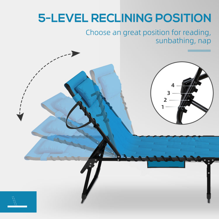 Outsunny Folding Chaise Lounge Set With 5 Level Reclining Back, Outdoor Lounge Tanning Chair With Padded Seat, Side Pocket & Headrest For Beach, Yard, Patio, Sky Blue