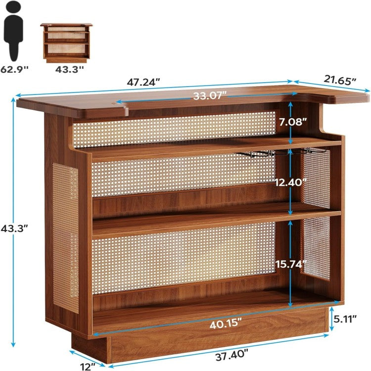 47.24 Inches Farmhouse Caramel Brown Rattan Home Bar Unit, 4 Tier Liquor Cabinet With Stemware Racks For Living Room