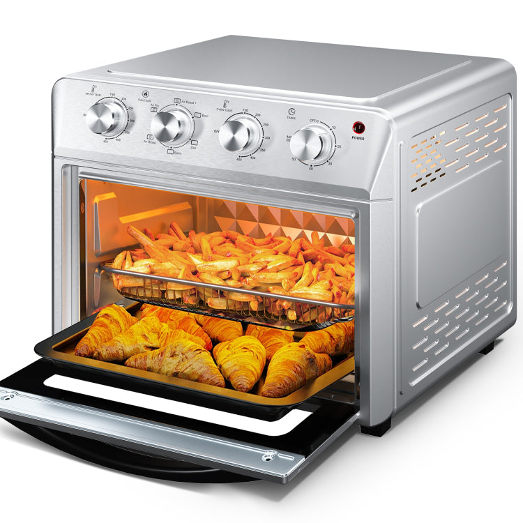 Plum Chef Air Fryer Oven 27.5Qt, 6 In 1 Countertop Oven, Air Fry, Bake, Broil, Toast, Warm, Dehydrate, 4 Knob Control, 1600W, Family Size, Silver