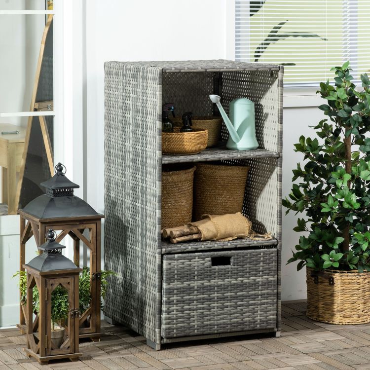 Outsunny Valet Pool Towel Rack, Waterproof Pe Plastic Rattan Wicker Storage Organizer, Indoor Outdoor Spa, And Hot Tub Accessory Storage, 2 Shelves, 1 Basket Drawer, Gray