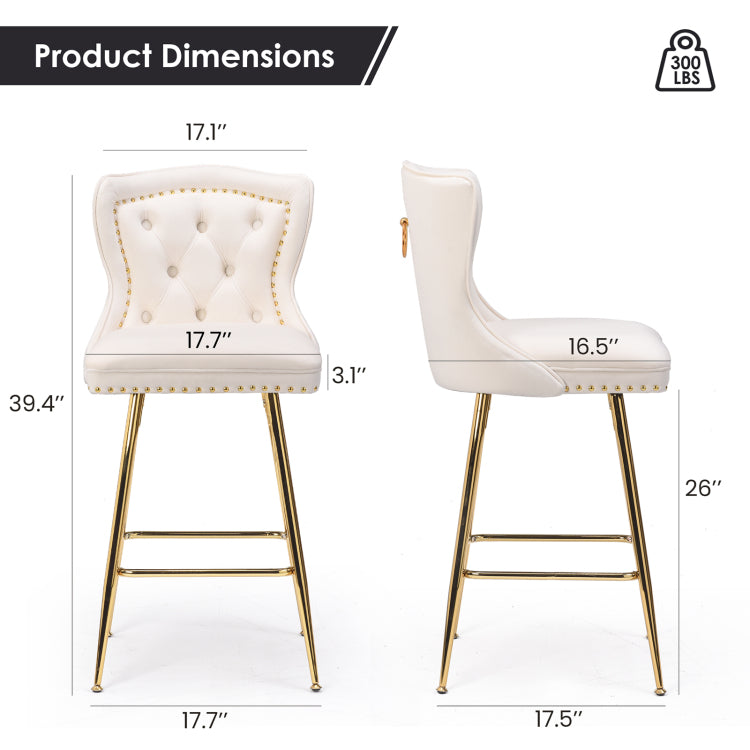 Bar Stools Set Of 2, Velvet Counter Height Bar Stools With Metal Legs, Button Tufted And Nailheads Trim, Wing Back Bar Chairs For Kitchen Island Dining Room Pub, Beige