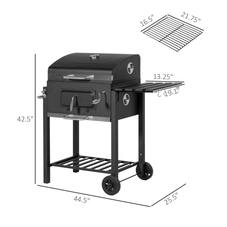 Outsunny Charcoal Bbq Grill, Outdoor Portable Cooker For Camping Or Backyard Picnic With Side Table, Bottom Storage Shelf, Wheels And Handle, Black