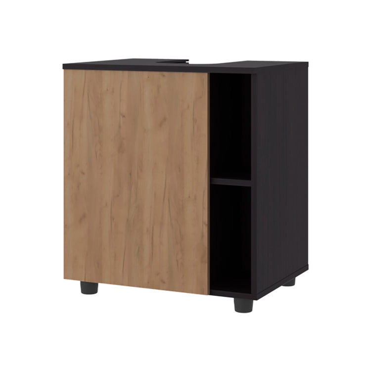 Under Sink Storage 24.4" H, 1 Door, 4 Shelves, 4 Legs, Natural Oak Black Wengue Bathroom