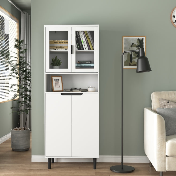Tempered Glass Door Tall Storage Bookcase With Adjustable Board, 4 Doors Mdf Painting Finished Cabinet, White, Living Room Bedroom Storage