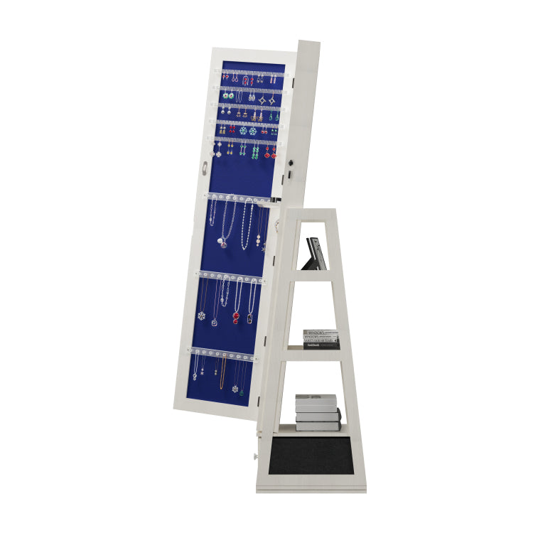360 Swivel Jewelry Cabinet With Full Length Mirror, 360 Rotating Standing Jewelry Armoire Organizer, Lockable Storage Cabinet, Interior Lighted Mirror And Storage Drawers, White