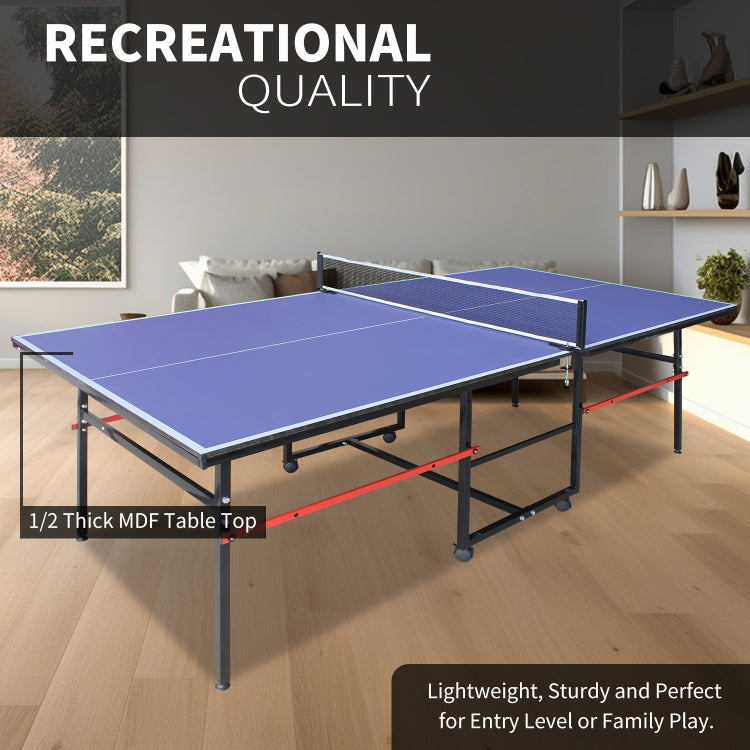8Ft Mid Size Table Tennis Table Foldable & Portable Ping Pong Table Set For Indoor Games With Net, 2 Table Tennis Paddles And 3 Balls