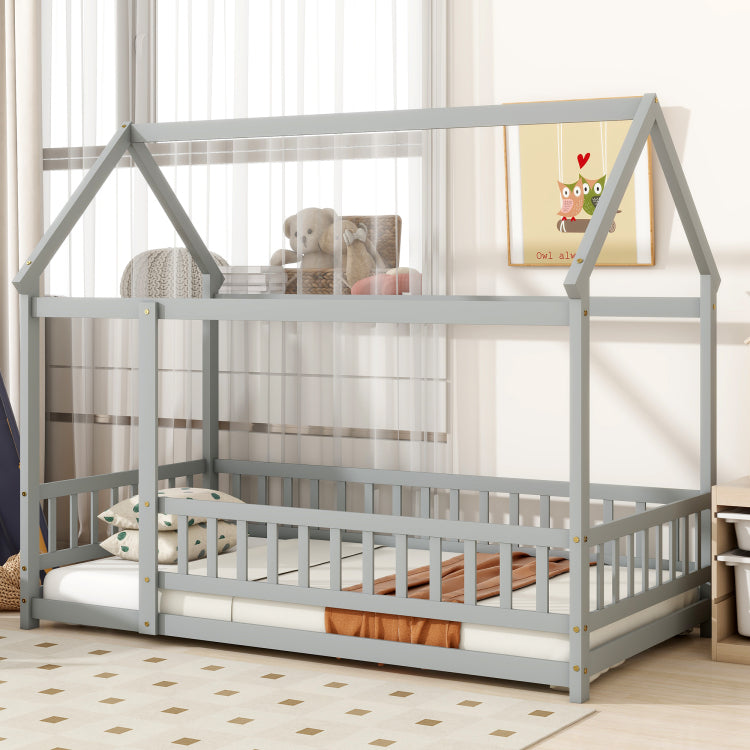Twin Size House Floor Wooden Bed With Roof Frame,Safety Guardrails,Grey