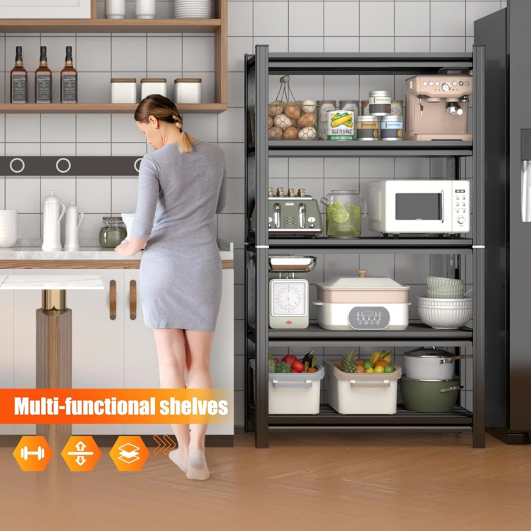 5 Layer Metal Storage Rack, Adjustable Height Storage Rack, 2000 Pound Load, Suitable For Garages, Kitchens, Supermarkets, Storage Rooms, And Gyms. Black, Requires Assembly