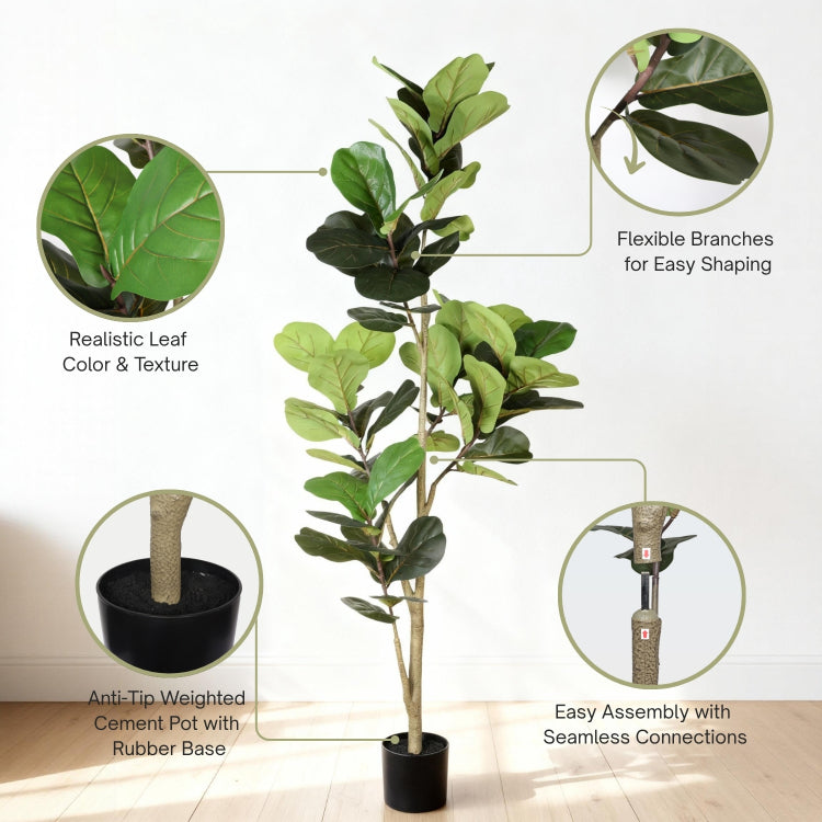 6Ft Artificial Fiddle Leaf Fig Tree With Black Plastic Pot, Real Touch Fake Indoor Plant For Home Office Living Room Corner Decoration, 1Pc Set