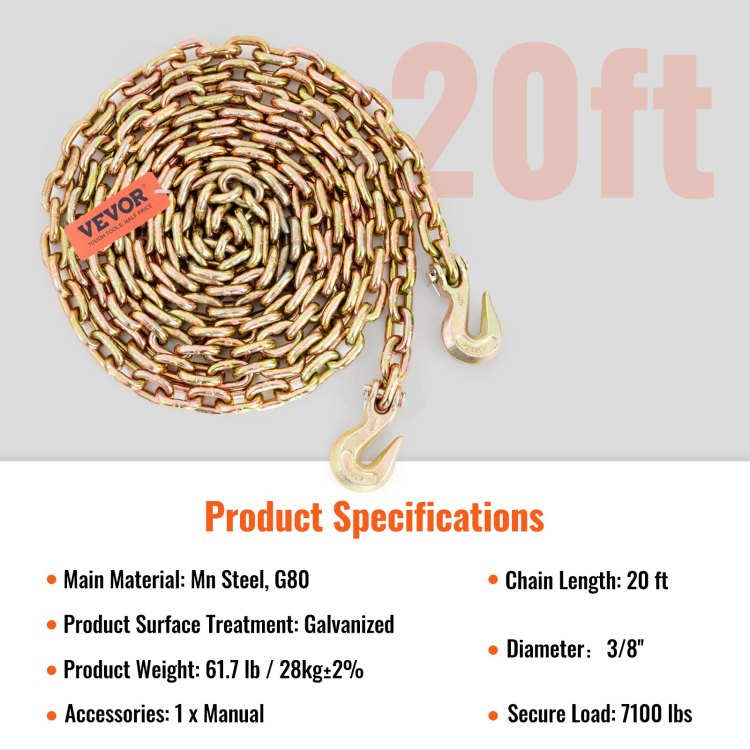 Transport Binder Chain, 7100Lbs Working Load Limit, 3 8''X20' G80 Tow Chain Tie Down With Grab Hooks, Dot Certified, Galvanized Coating Manganese Steel For Dock Factory Construction Site, 2 Pack