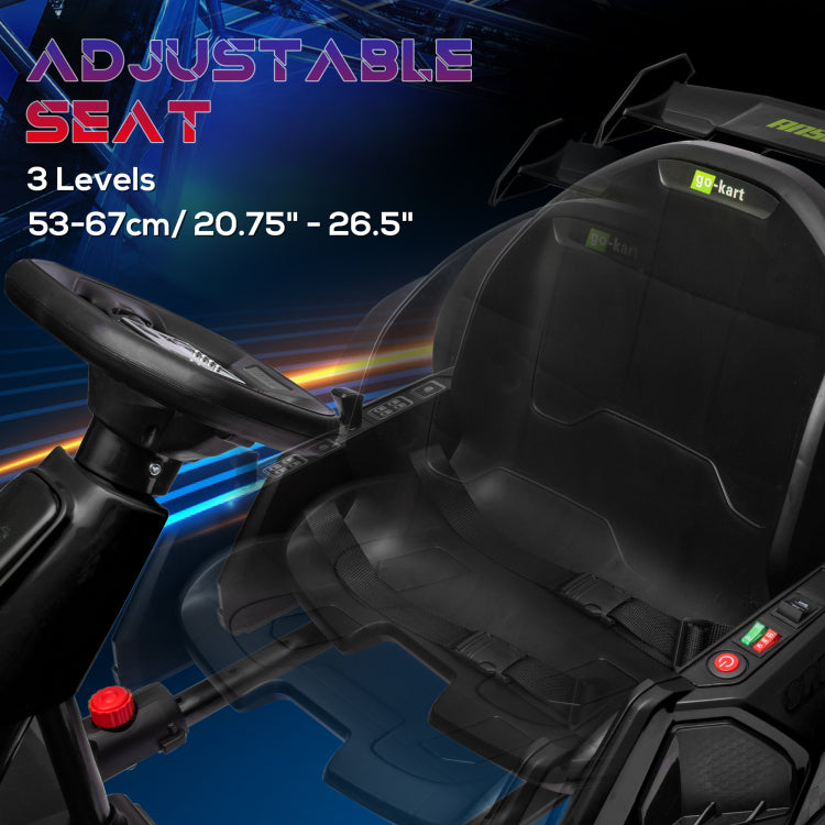 Aosom 24V 7.5 Mph Electric Go Kart With Adjustable Seat, Drifting Car Battery Powered Ride On Toy Outdoor With Slow Start, Button Start, Music, Honking Horn, Lights, For 6 12 Years Old, Black