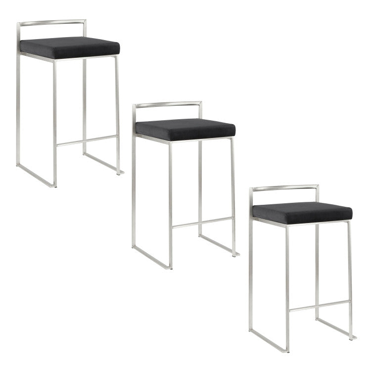 26" Contemporary Stackable Counter Stool In Stainless Steel With Black Velvet Cushion Set Of 3