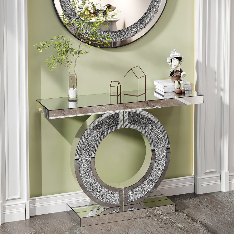 O Shaped Mirror Console Table With Crystal Hallway Entry Home D Cor, Handicrafts Mirror Table For Living Room,Mirror Glass Table For Room