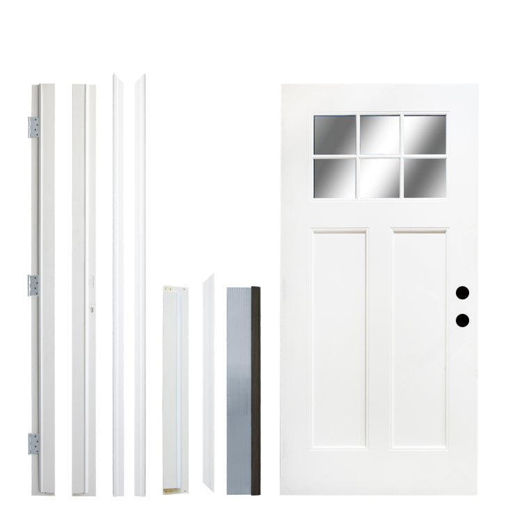 Fiberglass Entry Door, 36'' X 80" Door With Brickmould,4 9 16 Vinyl Frame,White Primed, Left Hand Inswing, Front Entry Knock Down Door, 2 Panel Craftsman, 6 Lite Low E Glass