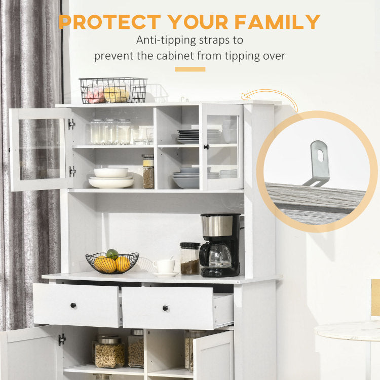 Homcom 63.5" Kitchen Buffet With Hutch, Pantry Storage Cabinet With 4 Shelves, Drawers, Framed Glass Doors, Open Microwave Countertop, Antique White
