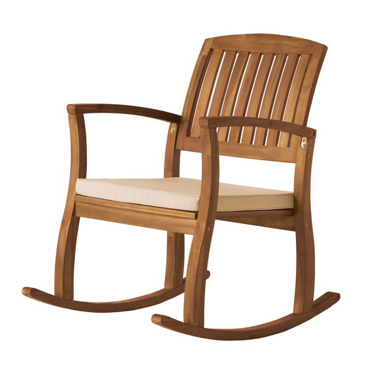 Acacia Wood Patio Outdoor Rocking Chair With Cushions For Garden, Lawn, Backyard, Pool