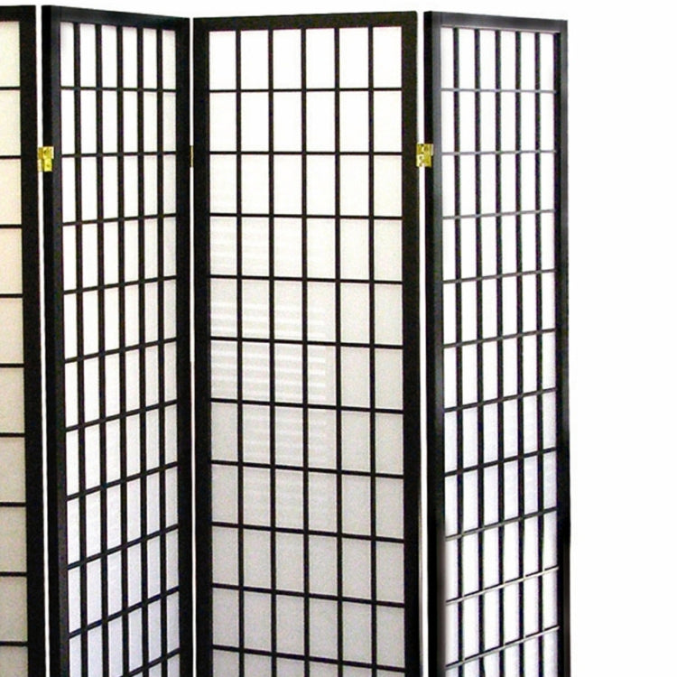 70" Tall 4 Panel Screen Room Divider, Japanese Style With Black Finish