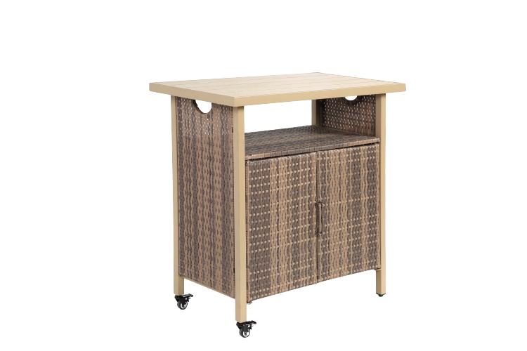 Outdoor Wicker Bar Cart, Patio Wine Serving Cart W Wheels , Rolling Rattan Beverage Bar Counter Table For Porch Backyard Garden Poolside Party, Beige