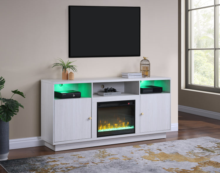 Ambrose 70"W White Walnut Finish Fireplace Console Tv Stand With Heater, Led Light, Cabinets, Shelves