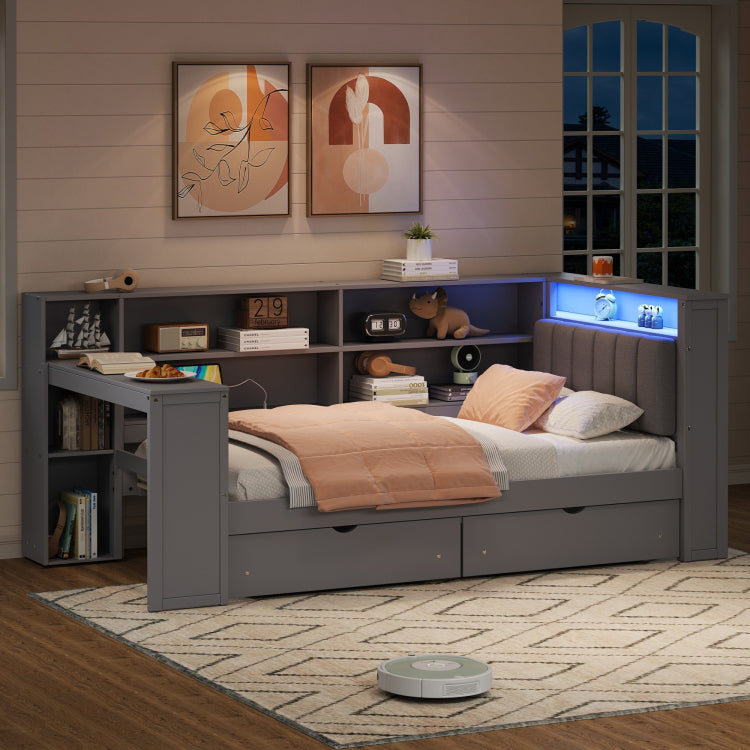 Wood Twin Size Platform Bed With Storage Shelves, Drawers, Charging Station, Led, Desk And Upholstered Headboard, Grey Grey Cushion
