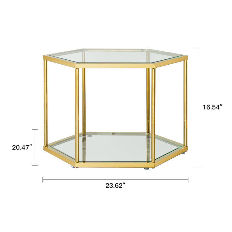 Luxury Hexagonal Side Table, Clear Tempered Glass Top With Gold Stainless Steel Frame, Accent Coffee Table For Living Room, Bedroom, Or Office