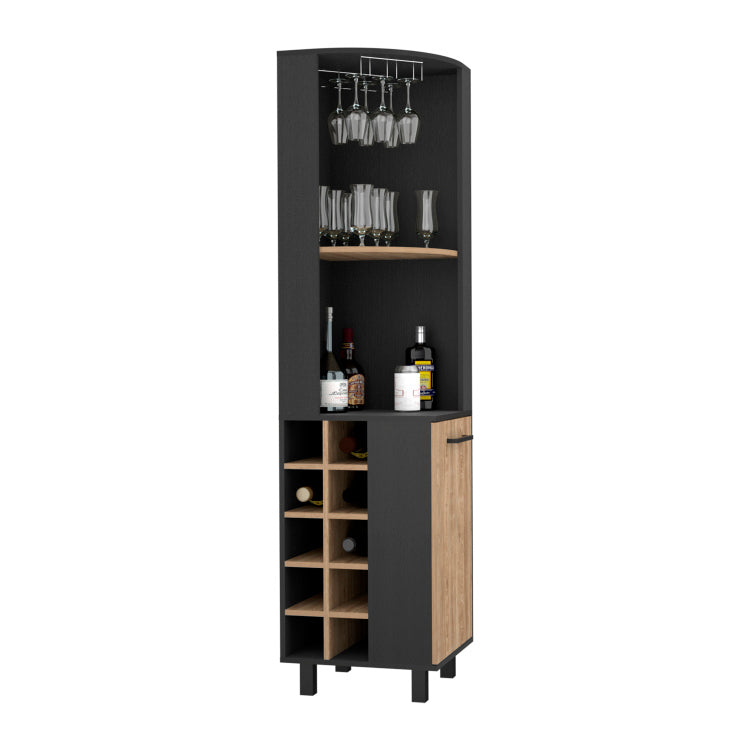 Corner Bar Single Door Cabinet Two Shelves, Ten Built In Wine Rack, Two Interior Shelves, Black Pine