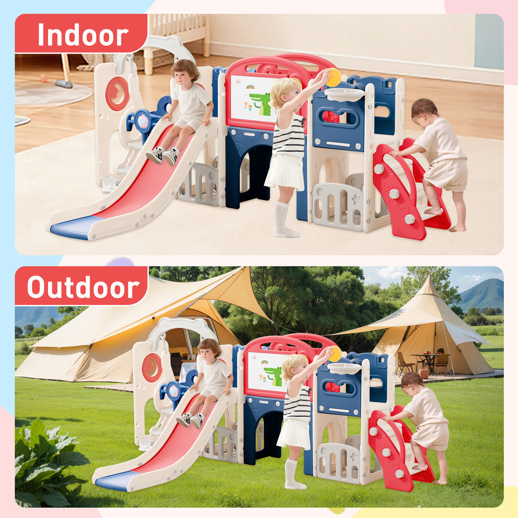 12 In 1 Indoor Outdoor Playset For Toddlers 1 3 Swing & Slide Combo, Durable Climber Basketball Hoop Ball Toddler Indoor Playset For Home Playground Red Blue