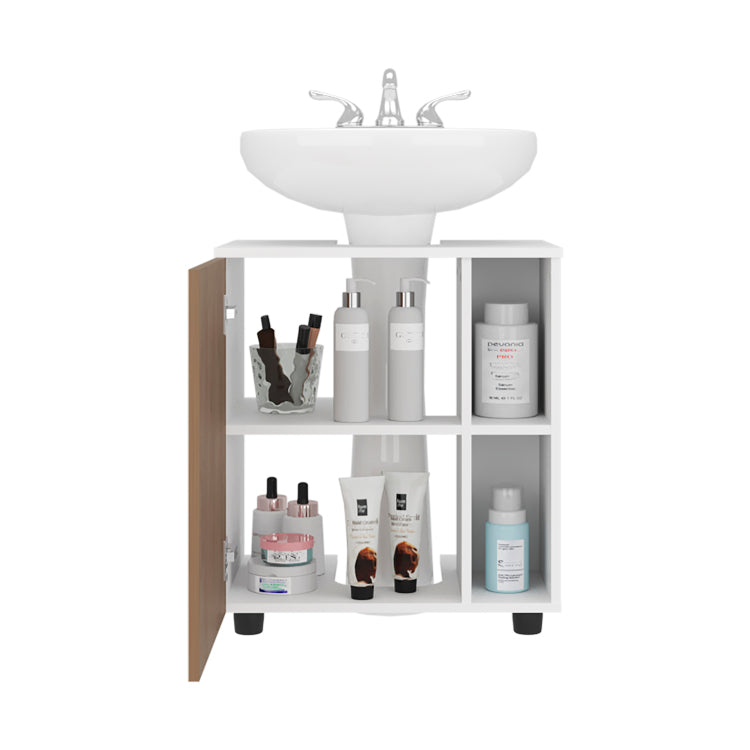 Pascuale Two Side Shelves Under Sink Cabinet With One Doors, Cut Out Back, Compact 22 Freestanging Bathroom Storage, White, Natural Oak