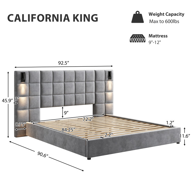 California King Size Upholstered Bed Frame,With Wall Sconce And Usb Port, Wide Headboard, Velvet, Gray