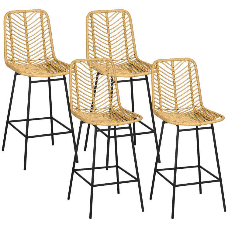 Homcom Rattan Bar Stools Set Of 4, 26" Counter Height Barstools, Boho Kitchen Island Stools With Wicker Seat And Back, Yellow