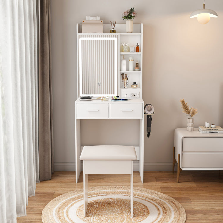 Small Makeup Vanity Desk With Mirror & Adjustable Led Lights,Built In Power Outlet & Hidden Storage, Includes Padded Stool & Shelf,Space Saving Dressing Table For Small Bedrooms,White